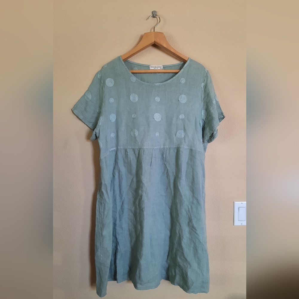 100% Linen Made In Italy Terzo Millenio Sage Shift Dress